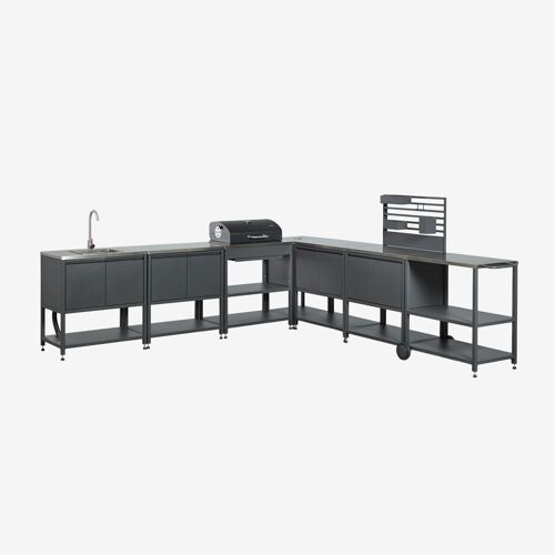 Cuisine Modulaire D'angle Extérieure 7 Pièces Avec Évier, Panneau Organisateur Et Barbecue À Charbon En Acier Savona Gris Graphite