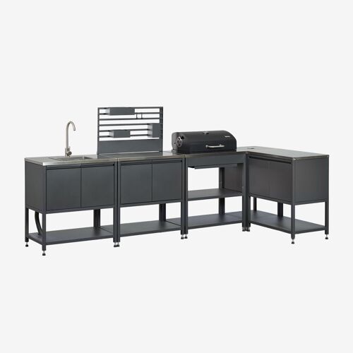 Cuisine Modulaire D'angle Extérieure 5 Pièces Avec Évier, Panneau Organisateur Et Barbecue À Charbon En Acier Savona Gris Graphite