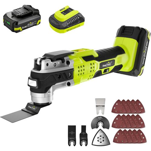 SnapFresh 20V Outil Multifonction Oscillant Sans Fil, 6 Vitesses Réglables, avec Batterie 2,0 Ah et Chargeur Rapide, 3,2° Angle d'Oscillation, 20 Accessoires pour Ponçage, Découpe et Grattage