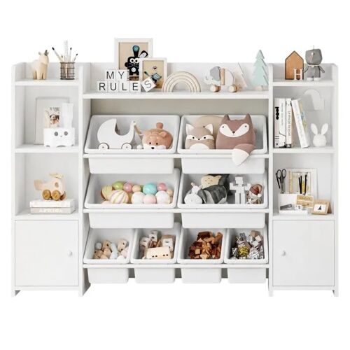 Grand Organisateur Enfant Ginger Home, Étagère Blanche Avec 8 Bacs Et 2 Placards Pour Jouets Et Livres, 141,5x100x30 Cm