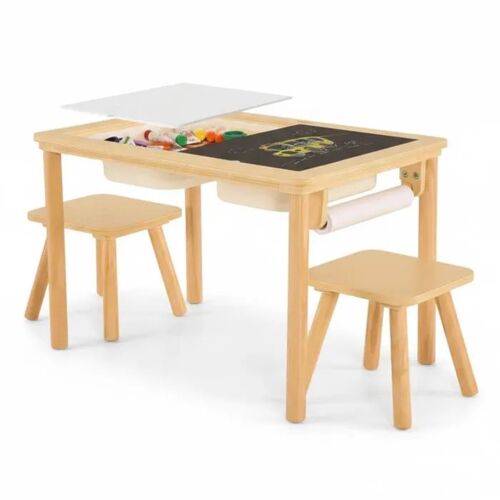 Table d¿Activités Enfant 5 en 1 GINGER HOME avec 2 Chaises, Tableau, Rouleau de Papier et Bacs, 73x50x53,6 cm