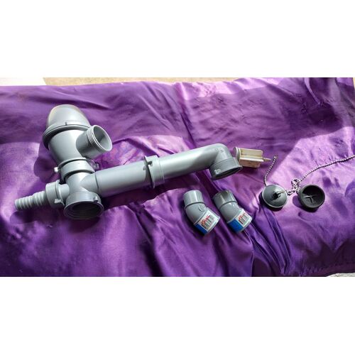 Siphon pour évier avec tuyau gris largeur 36 cm + 2 coudes simples D32 + 3 bouchons pour évier ou lavabo