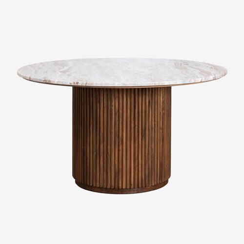 Table de salle à manger ronde en pierre naturelle et bois de manguier Giselda Marbre Brun Toronto Ø140 cm