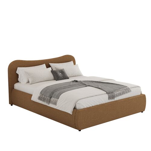 Lit coffre 160x200cm design arrondi velours côtelé marron PLANO