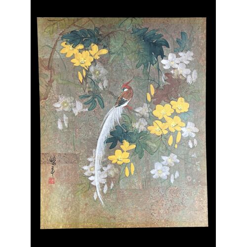Reproduction d'art japonais Feng Nian (??) B.P. Co. Oiseau & fleurs 25 × 20 cm