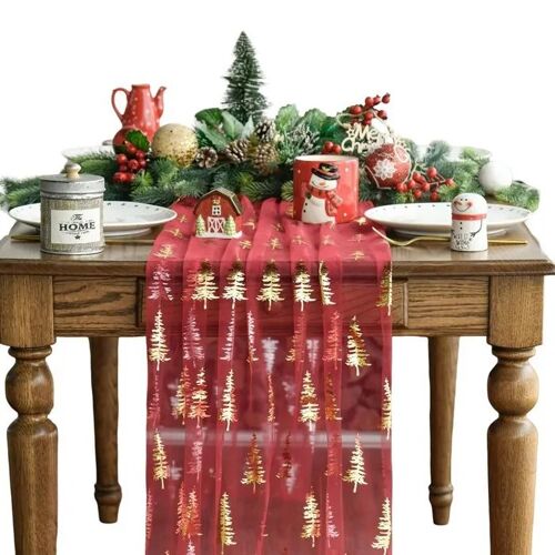 Brunner Runner De Table Tiul Élégant Rouge Motif Arbre Doré 70x300 Cm