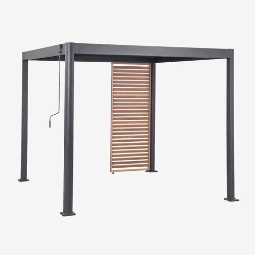 Pergola Bioclimatique En Aluminium Avec Lames Et Panneau Druvia Gris Graphite - Bois De Châtaignier Brun