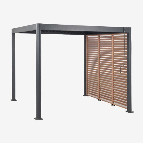Pergola Bioclimatique En Aluminium Avec Lames Et Panneau Latéral Druvia Gris Graphite - Bois De Châtaignier Brun