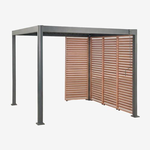 Pergola Bioclimatique En Aluminium Avec Lames Et Panneaux Druvia Gris Graphite - Bois De Châtaignier Brun