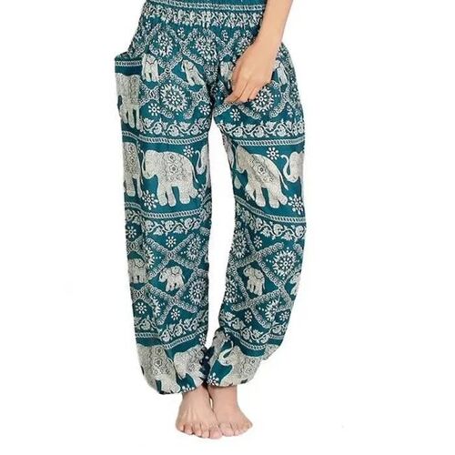 Pantalon Detente Style Hippie Chic Imprime Elephant Vert Taille Unique Modele Unisexe