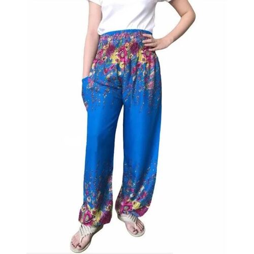 Pantalon Detente Style Hippie Chic Imprime Fleurs Bleu Taille Unique Modele Unisexe