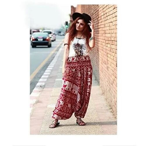 Sarouel Style Hippie Chic Imprime Elephant Rouge Taille Unique Modele Unisexe
