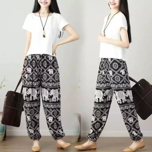 Pantalon Detente Style Hippie Chic Imprime Elephant Noir Taille Unique Modele Unisexe