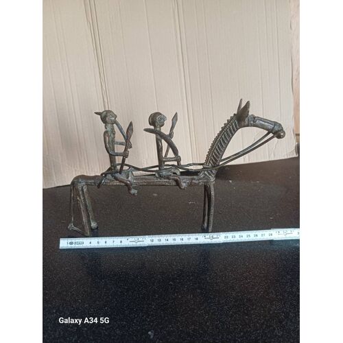 Ancienne Sculpture En Bronze : Cheval Avec Guerriers, Art Tribal Africain, Début Du Xxe Siècle