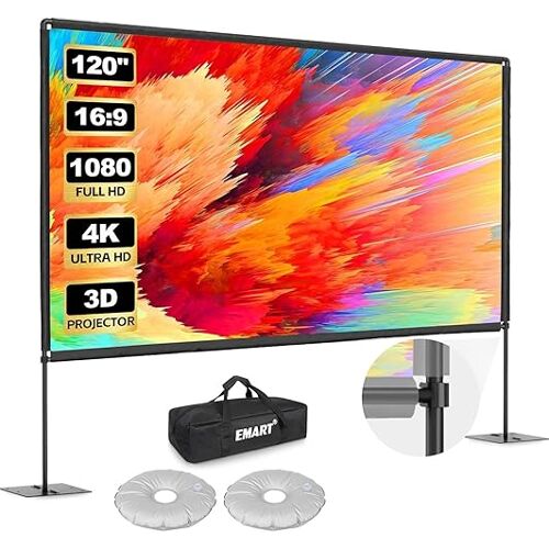 Écran de Projection avec Support 120 Pouces, EMART Toile de Projection Portable 16:9 HD 4K Adapté Intérieur et Extérieur avec Sac Transport et Base Robuste, pour Le Jardin, Fêtes et Home Cinéma