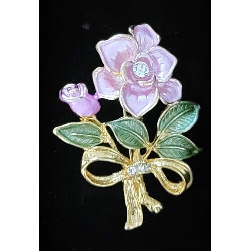 Broche Dorée Or Fin Rose Sur Tige/Ruban Émaillée & Pierres Blanches Comme Neuve - 1980'S