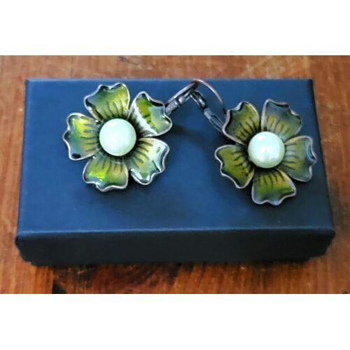 Paire B.O Vintage Fleur Métal Marron/Vert Émaillé & Résine + Perle - 1970/80'S