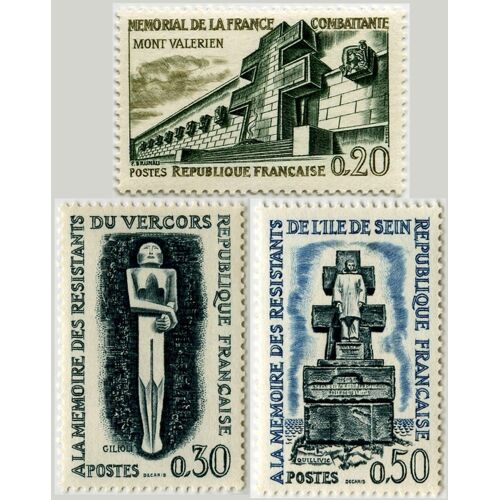 Hauts Lieux De La Résistance : Mont Valérien, Vercors, Ile De Sein Série Complète Année 1962 N° 1335 1336 1337 Yvert Et Tellier Luxe