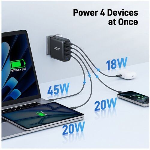 Acer - Chargeur de batteries - GaN - CA 100/240 V - 100 Watt - connecteurs de sortie : 4 - noir