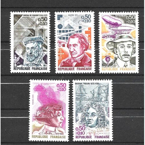 Célébrités : Amiral De Coligny, Ernest Renan, Santos-Dumont, Colette, Dugay-Trouin Série Complète Année 1973 N° 1744 1745 1746 1747 1748 Yvert Et Tellier Luxe