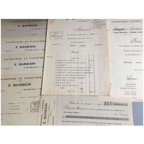 E. Barbieri, Entreprise De Fumisterie , Paris : 2 Reçus (1947/48) / 5 Lettres (1938/50) / 5 Devis (12 Feuillets - 1940/41) & 1 Mémoire Des Travaux (2 Feuillets-1950)