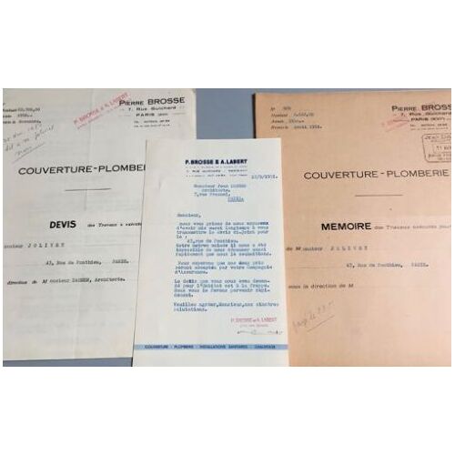 P. Brosse, (P. Brosse & A. Labert-Couverture-Plomberie, Paris) : 1 Lettre (1951) & 2 Devis (6 Pages-1950/51)
