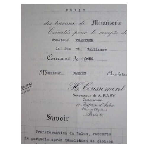 H. Coussement (Entrepreneur-Successeur De A. Rasy-Paris) : 1 Mémoire Des Travaux De Menuiserie, 1941 & 1 Devis , 1936 (2 Feuillets Chacun)