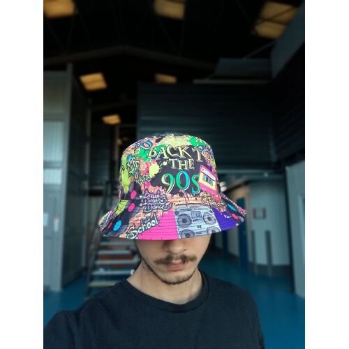 Bob Rétro Années 90 Multicolore ¿ Style Streetwear, Imprimé Cassette & Vinyles ¿ Unisexe ¿ Taille Adulte