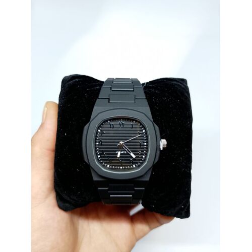 Montre Analogique Noire Bracelet Acier Noir Cadran Texturé Chiffres Arabes Style Moderne Unisexe