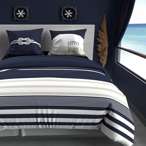 Parure Housse De Couette 260x240 Cm En Coton 57 Fils Marin Bleu, Par Soleil D'ocre