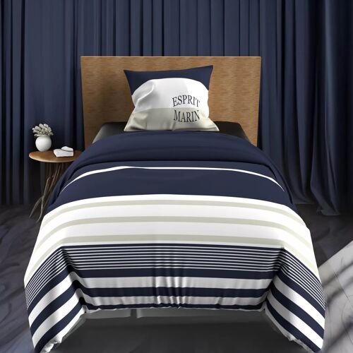 Parure Housse De Couette 140x200 Cm En Coton 57 Fils Marin Bleu, Par Soleil D'ocre
