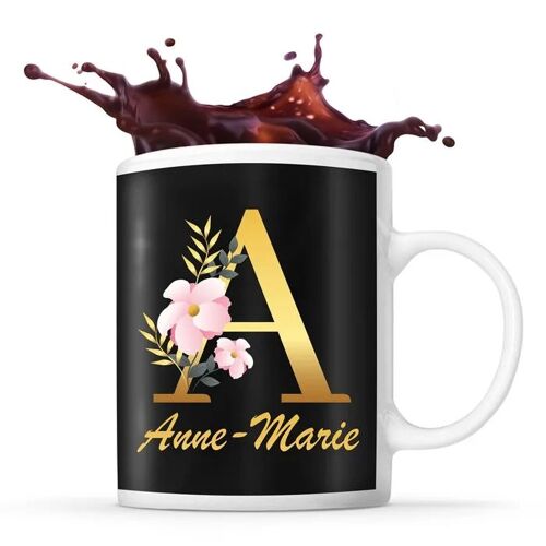 Mug Anne-Marie | Tasse Prénom Femme Fond Noir Avec Lettre Fleur | Idée Cadeau Pour Anniversaire Noël Et Fête Des Mères