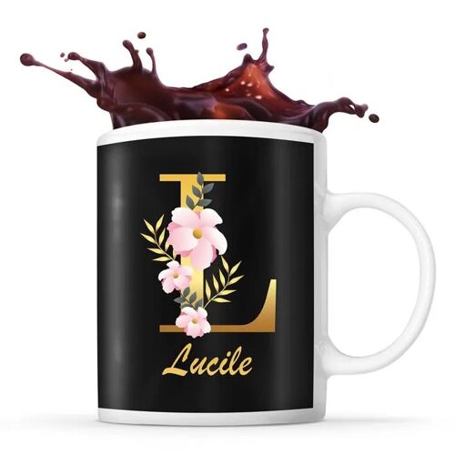 Mug Lucile | Tasse Prénom Femme Fond Noir Avec Lettre Fleur | Idée Cadeau Pour Anniversaire Noël Et Fête Des Mères