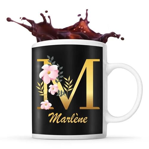 Mug Marlène | Tasse Prénom Femme Fond Noir Avec Lettre Fleur | Idée Cadeau Pour Anniversaire Noël Et Fête Des Mères