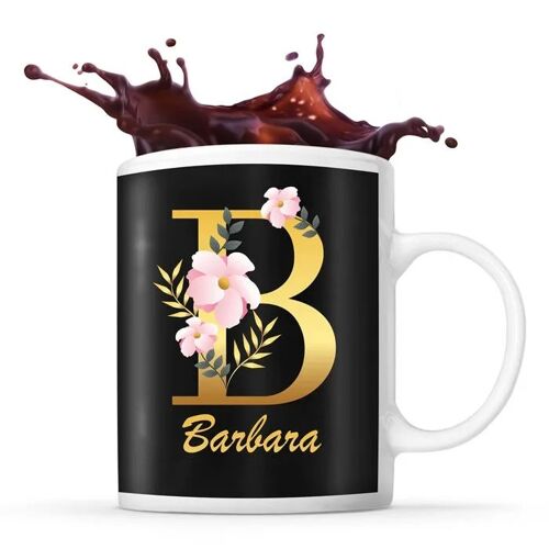 Mug Barbara | Tasse Prénom Femme Fond Noir Avec Lettre Fleur | Idée Cadeau Pour Anniversaire Noël Et Fête Des Mères