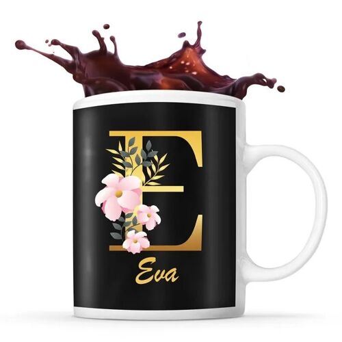 Mug Eva | Tasse Prénom Femme Fond Noir Avec Lettre Fleur | Idée Cadeau Pour Anniversaire Noël Et Fête Des Mères