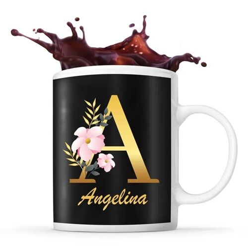 Mug Angelina | Tasse Prénom Femme Fond Noir Avec Lettre Fleur | Idée Cadeau Pour Anniversaire Noël Et Fête Des Mères
