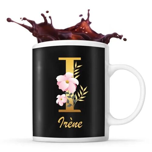 Mug Irène | Tasse Prénom Femme Fond Noir Avec Lettre Fleur | Idée Cadeau Pour Anniversaire Noël Et Fête Des Mères