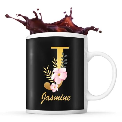 Mug Jasmine | Tasse Prénom Femme Fond Noir Avec Lettre Fleur | Idée Cadeau Pour Anniversaire Noël Et Fête Des Mères