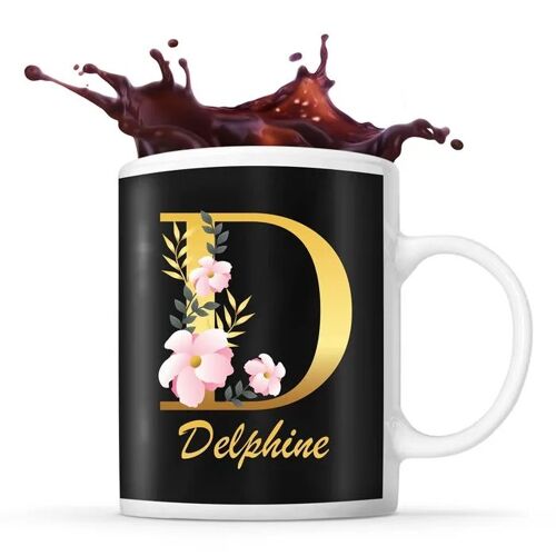 Mug Delphine | Tasse Prénom Femme Fond Noir Avec Lettre Fleur | Idée Cadeau Pour Anniversaire Noël Et Fête Des Mères
