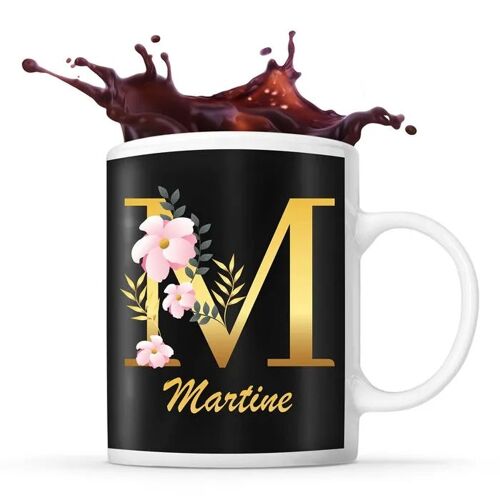 Mug Martine | Tasse Prénom Femme Fond Noir Avec Lettre Fleur | Idée Cadeau Pour Anniversaire Noël Et Fête Des Mères