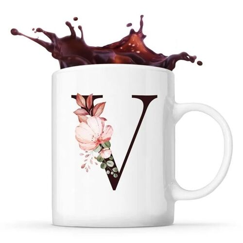 Mug Lettre Florale V | Tasse Café Thé Prénom Idée Cadeau Fête Des Mères Fille Tante Humour