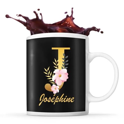 Mug Joséphine | Tasse Prénom Femme Fond Noir Avec Lettre Fleur | Idée Cadeau Pour Anniversaire Noël Et Fête Des Mères