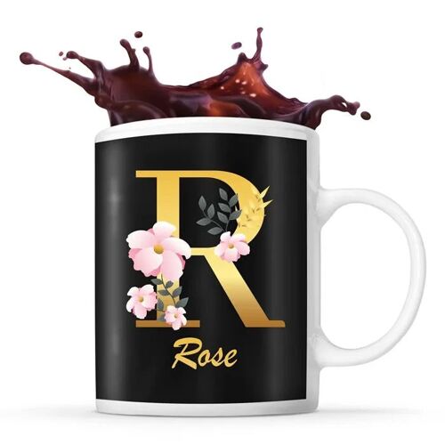 Mug Rose | Tasse Prénom Femme Fond Noir Avec Lettre Fleur | Idée Cadeau Pour Anniversaire Noël Et Fête Des Mères