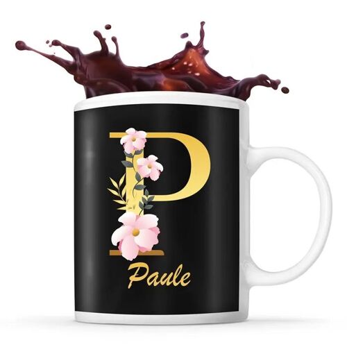 Mug Paule | Tasse Prénom Femme Fond Noir Avec Lettre Fleur | Idée Cadeau Pour Anniversaire Noël Et Fête Des Mères
