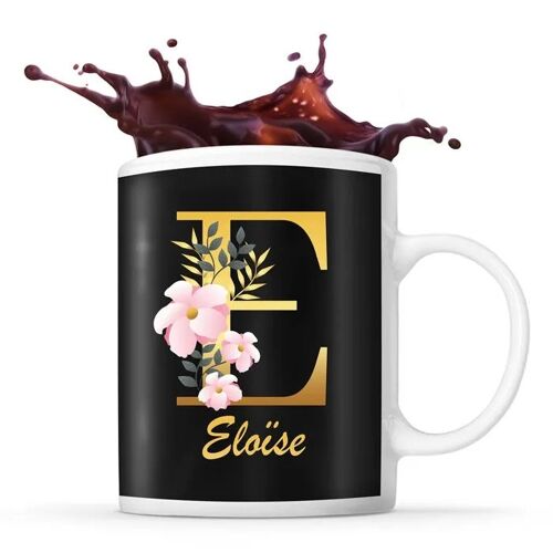 Mug Eloïse | Tasse Prénom Femme Fond Noir Avec Lettre Fleur | Idée Cadeau Pour Anniversaire Noël Et Fête Des Mères
