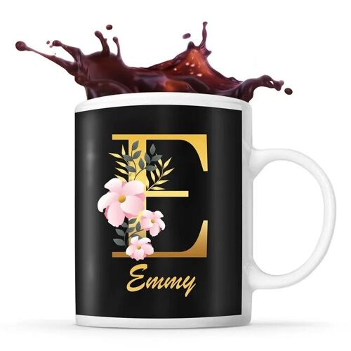 Mug Emmy | Tasse Prénom Femme Fond Noir Avec Lettre Fleur | Idée Cadeau Pour Anniversaire Noël Et Fête Des Mères