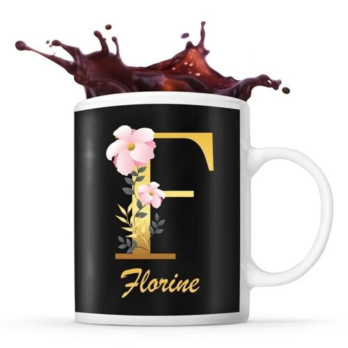Mug Florine | Tasse Prénom Femme Fond Noir Avec Lettre Fleur | Idée Cadeau Pour Anniversaire Noël Et Fête Des Mères