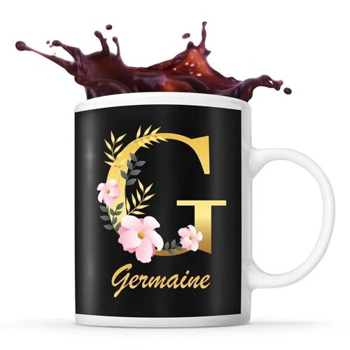 Mug Germaine | Tasse Prénom Femme Fond Noir Avec Lettre Fleur | Idée Cadeau Pour Anniversaire Noël Et Fête Des Mères