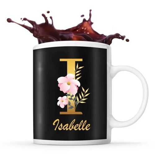 Mug Isabelle | Tasse Prénom Femme Fond Noir Avec Lettre Fleur | Idée Cadeau Pour Anniversaire Noël Et Fête Des Mères